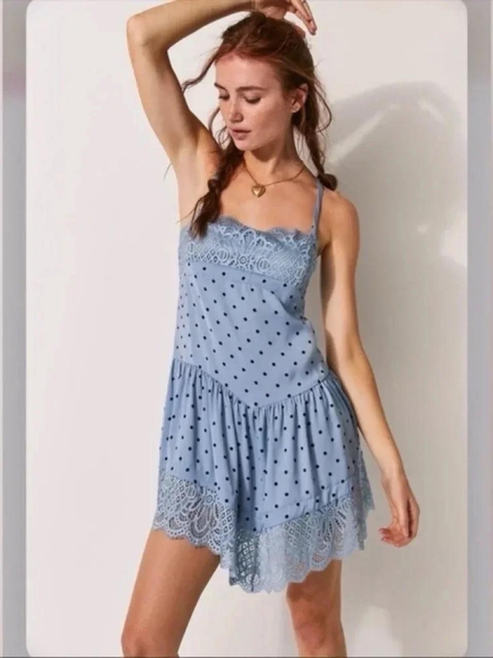 Free People Light Blue Polka Dot Lace Trim Mini Slip Dress